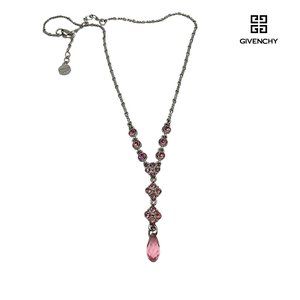Givenchy Platinum Tone Pink Dangle Cubic Zirconia Lariat Y Drop Necklace 20"